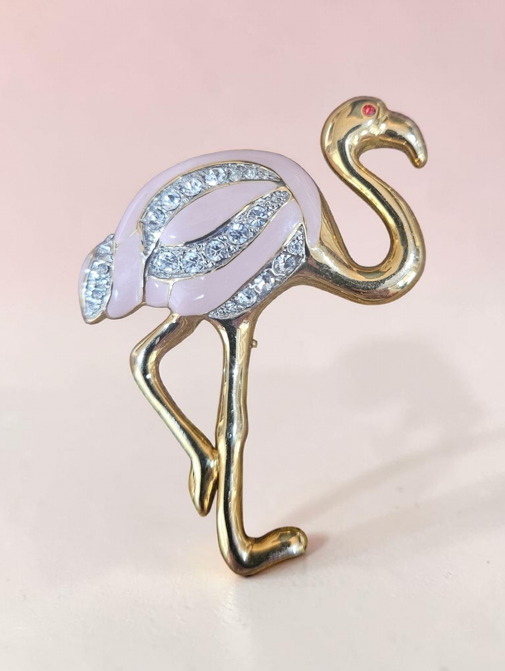 Vintage Goldtone Flamingo Brooch with Light Pink Enamel & Clear Crystals